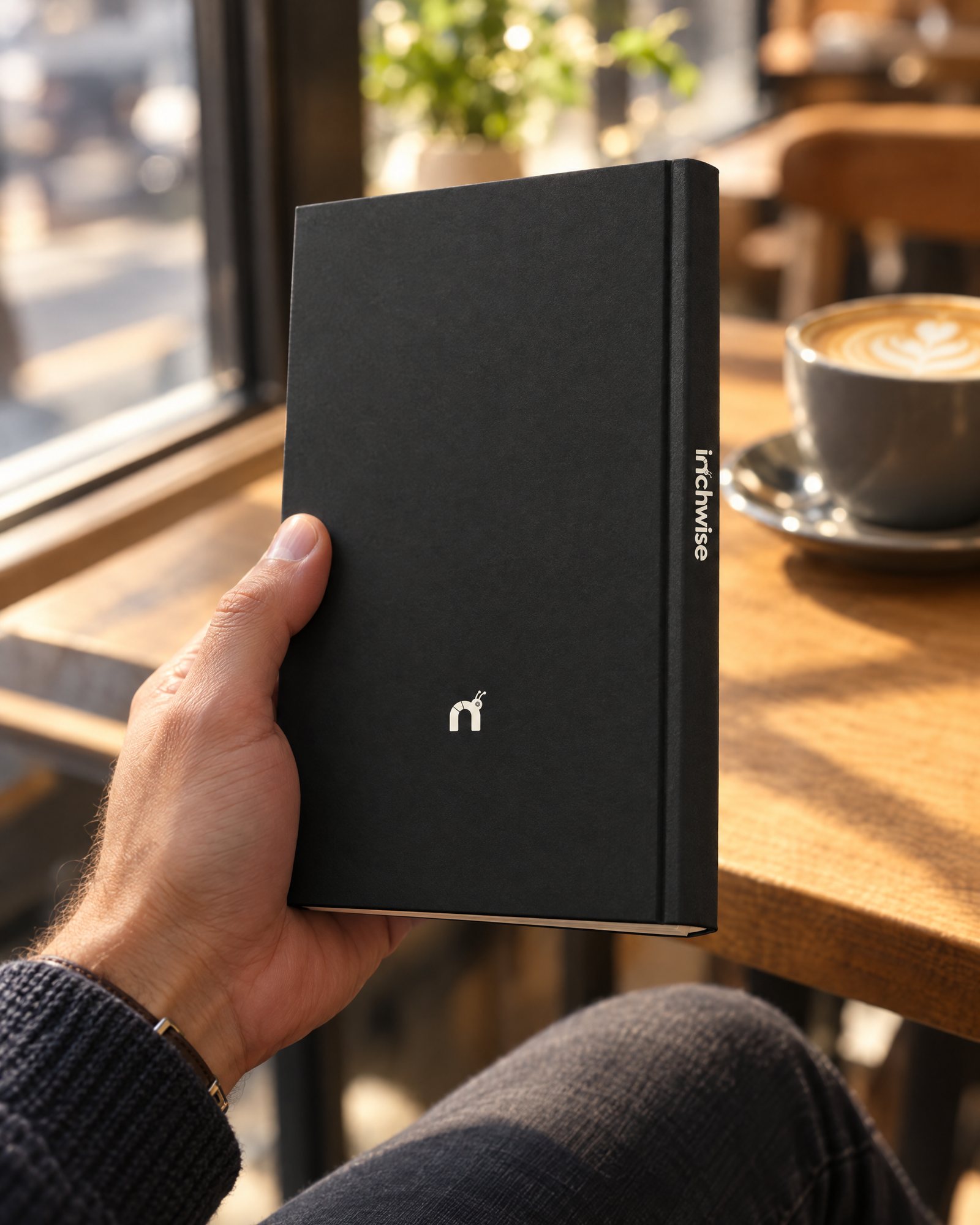 The back cover and spine of the Inchwise journal held in a café