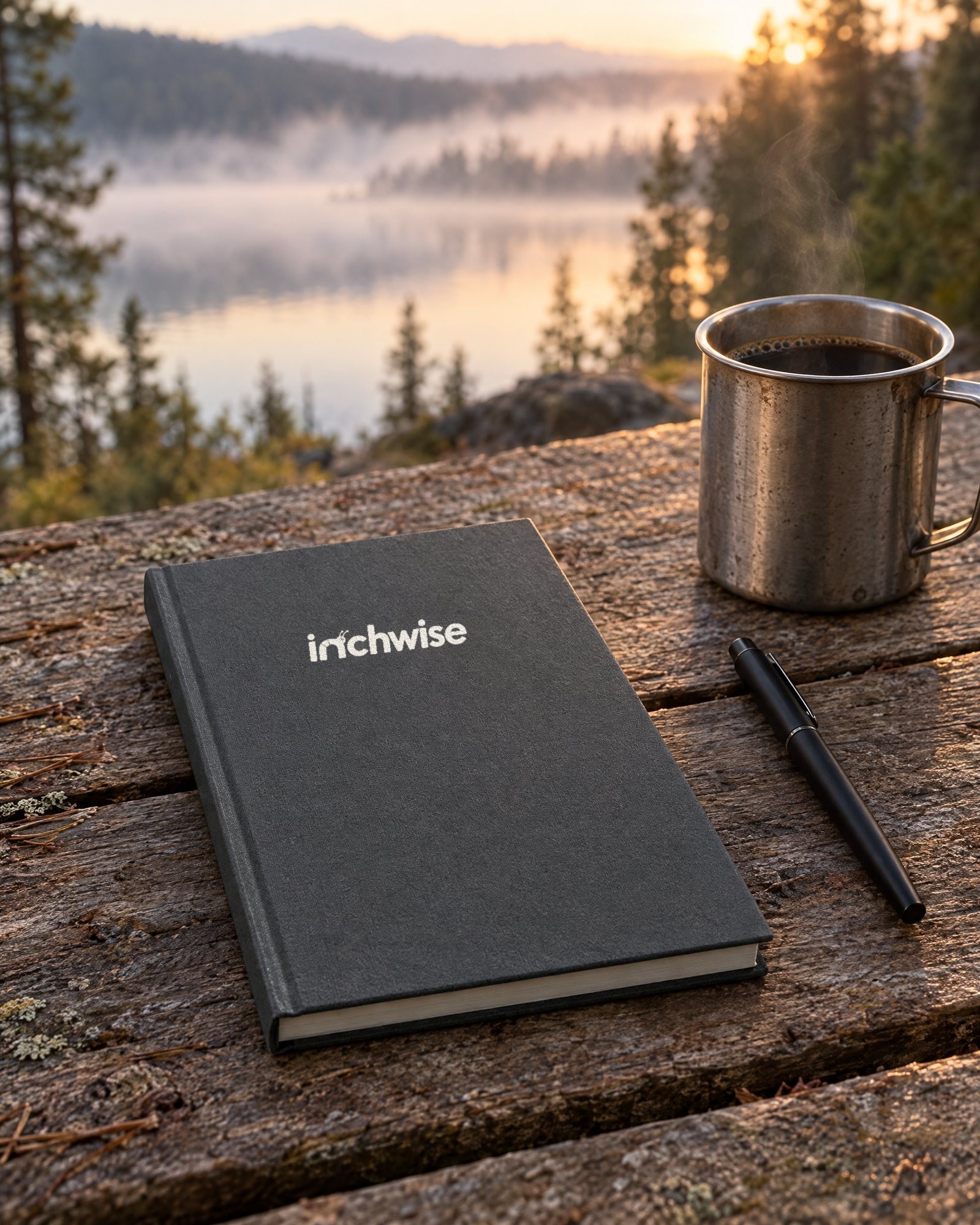 The Inchwise journal on a weathered table by a misty lake at sunrise