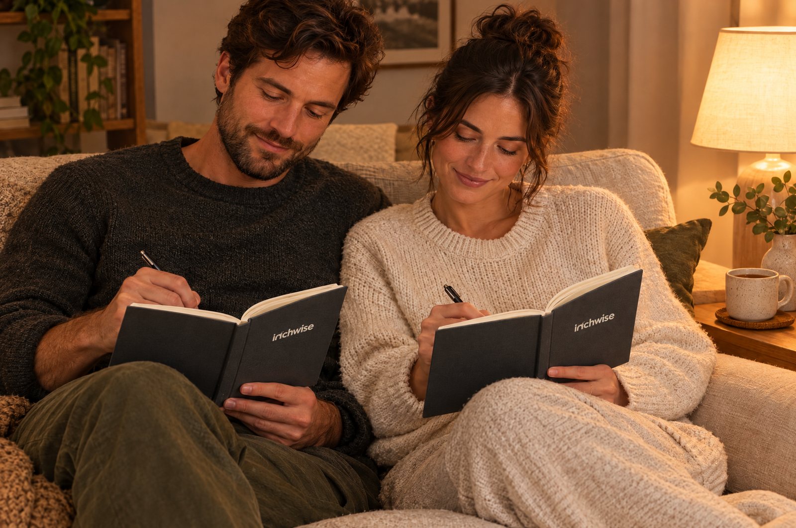 A couple writing in their Inchwise journals together in the evening