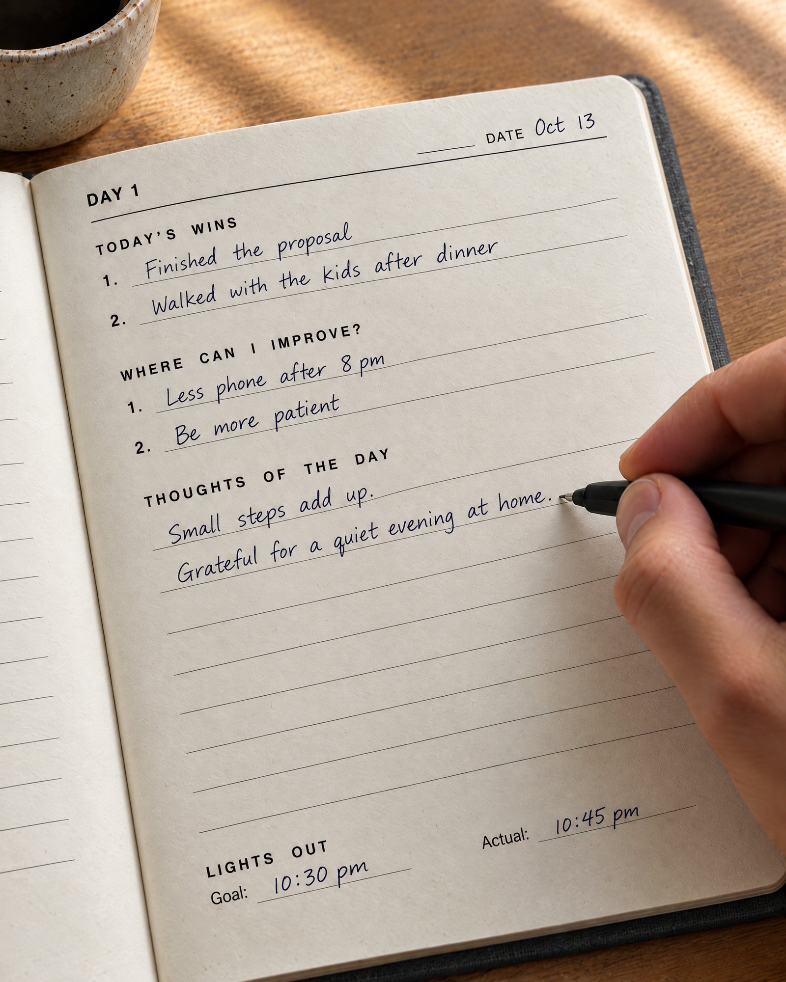 Writing the evening page: today's wins, where to improve, and thoughts of the day