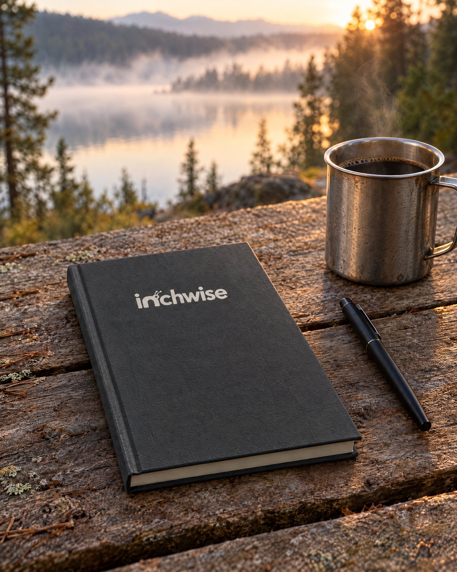 The Inchwise journal on a weathered table by a misty lake at sunrise